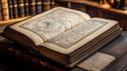 Obraz premium An open vintage book displays intricate constellation maps on its aged pages, offering a glimpse into historical astronomy and celestial navigation studies. Celestial Gothic. Illustration