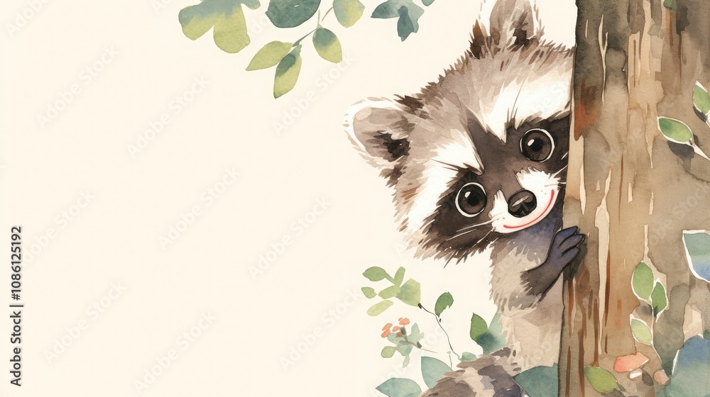 Poster curious raccoon peeks from a wooden structure surrounded by vibrant autumn leaves during a sunny aft
