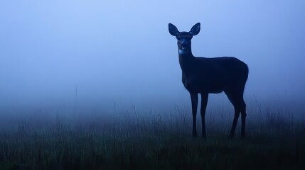 A lone deer stands in a foggy field at dusk, silhouetted against the blue sky.