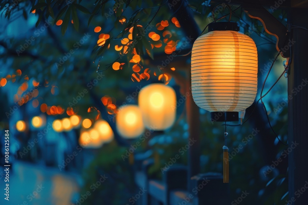 Poster beautifully illuminated lanterns glowing along a serene pathway in a tranquil garden during twilight