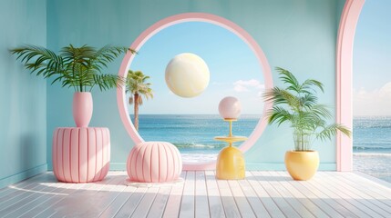 Minimalist Interior Design, Pink Arch with Ocean View, Palm Trees, and Pastel Colors, 3D Render