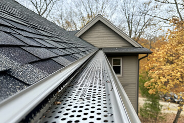A sturdy white rain gutter system seamlessly installed on a residential roof illustration-
