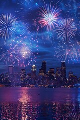 Fototapeta premium Fireworks over Seattle skyline at night, festive celebration panorama with colorful illuminations reflecting on water