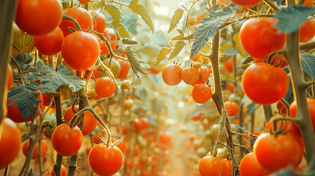 A comically oversized tomato garden with plants like natural skyscrapers, each branch heavy with red tomatoes. Photography with a Hasselblad Camera and 50mm lens captures this whimsical scene.