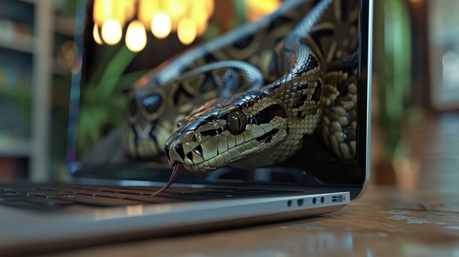  Python programming language symbolized by snake emerging from laptop screen in modern coding environment