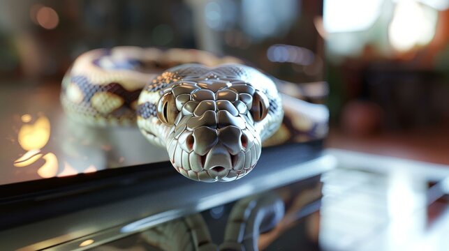  Python programming language symbol depicted as a lifelike snake on a glass surface with blurred background