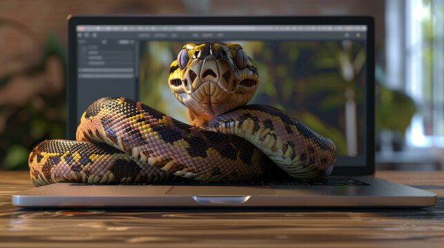  Python snake coiled on laptop keyboard symbolizing Python programming language in technology setting