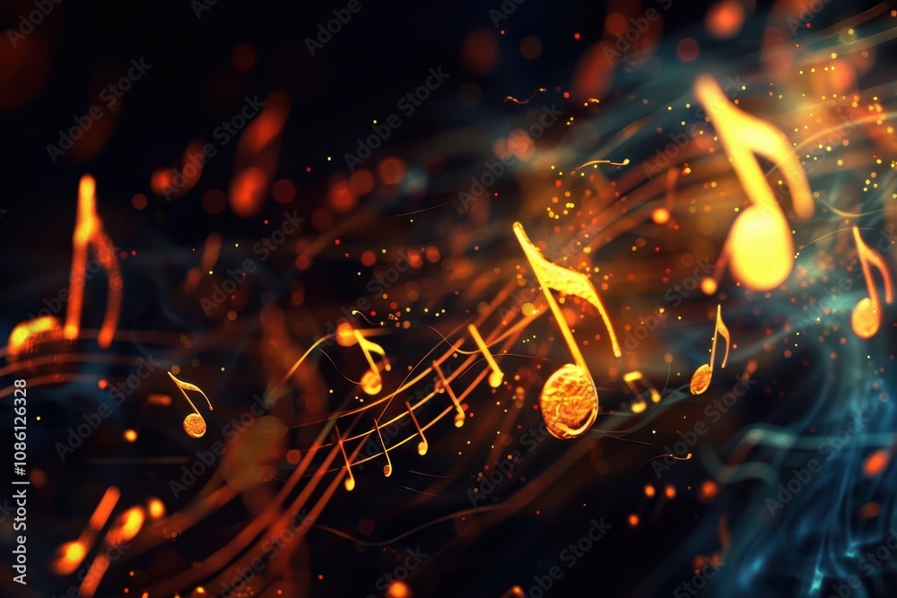 Poster Abstract representation of musical notes and sound waves in vibrant colors, creating an energetic atmosphere filled with rhythm and harmony