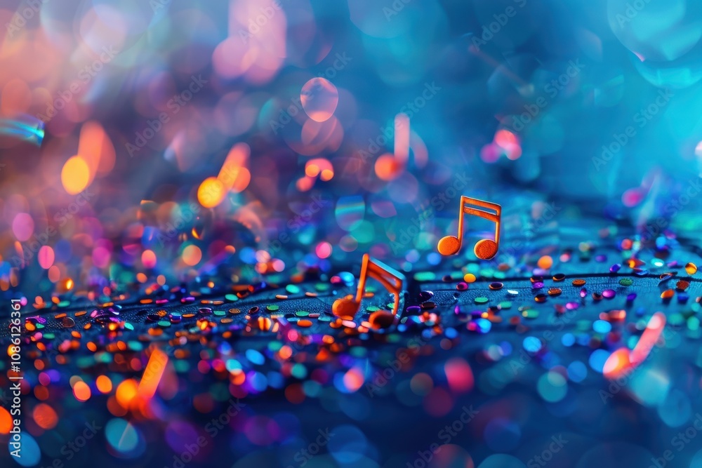 Poster Abstract representation of musical notes and sound waves in vibrant colors, creating an energetic atmosphere filled with rhythm and harmony