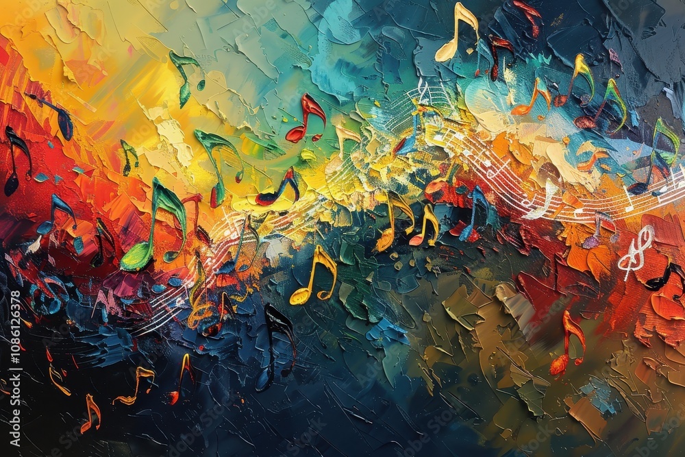 Poster Abstract representation of musical notes and sound waves in vibrant colors, creating an energetic atmosphere filled with rhythm and harmony