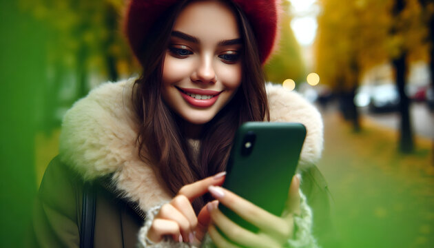 H&uuml;bsche, junge Frau mit Winterkleidung im Park. Sie hat ein gr&uuml;nes Smartphone in der Hand und freut sich.