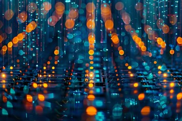 Brightly lit server room with vibrant LED lights showcasing advanced technology during nighttime operations and data processing activities