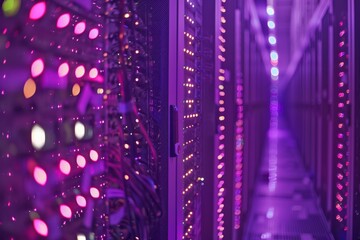 Brightly lit server room with vibrant LED lights showcasing advanced technology during nighttime operations and data processing activities