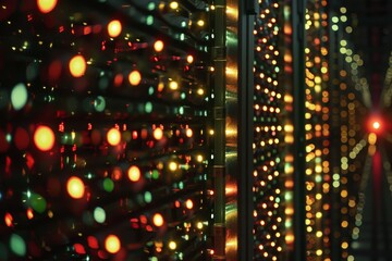 Brightly lit server room with vibrant LED lights showcasing advanced technology during nighttime operations and data processing activities