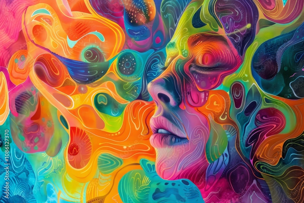 Poster colorful abstract portrait of a woman's face surrounded by swirling patterns and vibrant hues, creat