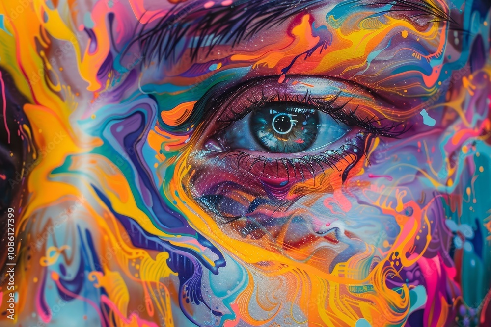Poster colorful abstract portrait of a woman's face surrounded by swirling patterns and vibrant hues, creat
