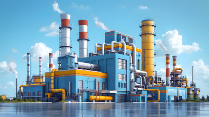 Obraz premium The industrial plant demonstrates cuttingedge engineering with chimneys and pipes, set against a clear blue sky. It represents advanced technology and highquality manufacturing processes