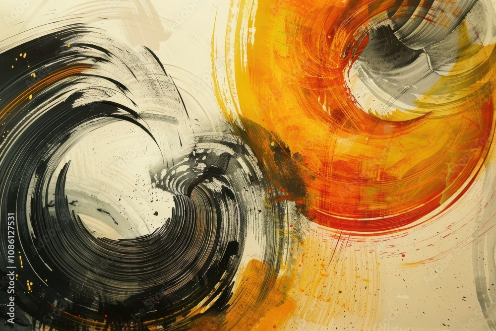 Aufkleber colorful abstract artwork with swirling patterns in black and orange shades created on textured canv