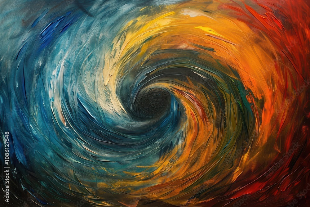 Poster Colorful abstract artwork with swirling patterns in black and orange shades created on textured canvas during a sunny afternoon
