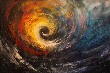 Colorful abstract artwork with swirling patterns in black and orange shades created on textured canvas during a sunny afternoon