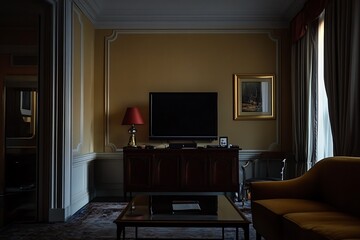 Elegant, dimly lit hotel room interior. Concept of luxury, sophistication, and quiet.
