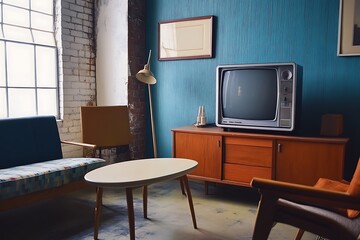 Vintage Mid Century Modern Living Room with Retro TV. Concept of Nostalgia, Retro Style, and Home Decor.