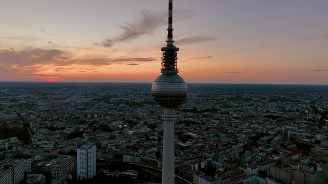 Aerial video architectural landmarks TV Tower, Alexander Platz. Berlin, Germany