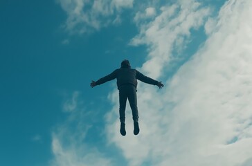 Man floating in air with open arms feeling freedom and happiness