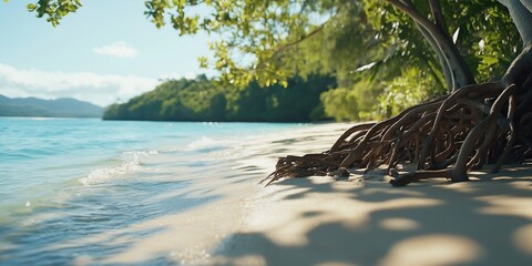 A wide shot of a lush mangrove forest lining the shoreline, with roots stretching into the crystal-clear ocean water