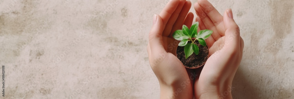 Aufkleber hands are tenderly cradling a small seedling, showcasing care and connection to nature in a serene i