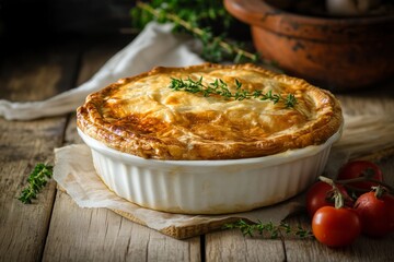 Golden puff pastry pie in a white ceramic dish garnished with fresh thyme, rustic food photography. Design for recipe and home-cooking concepts