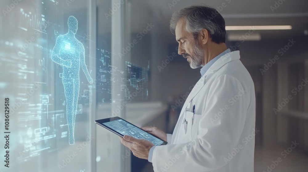 Aufkleber a doctor dressed in a white coat examines patient information on a digital tablet featuring a hologr