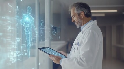 A doctor dressed in a white coat examines patient information on a digital tablet featuring a holographic interface inside a clinic. Generative AI