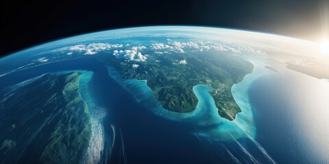 Fototapeta premium A wide shot of Earth from space, focusing on the Indonesian archipelago and the surrounding Pacific Ocean