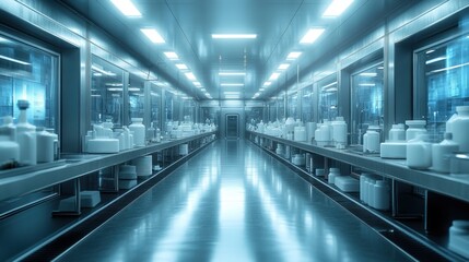 Fototapeta premium Modern Laboratory or Production Facility with Organized White Containers and Clean, Sterile Environment 