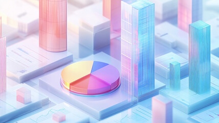 3D visualization of business analytics with colorful glass skyscrapers and pie chart in pastel colors. Modern financial data representation with soft gradient lighting effects.