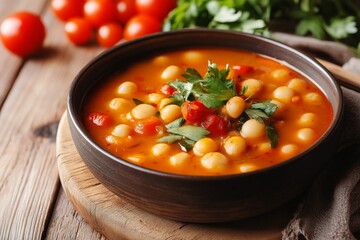 Bean soup with tomatoes and parsley resting on wooden cutting board