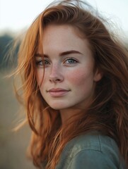 Fototapeta premium Portrait of confident young woman with long red hair and freckles