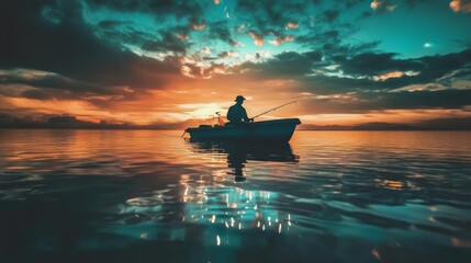Fototapeta premium A lone fisherman casts his line in a small boat on a calm lake at sunset, with colorful clouds reflecting in the water.