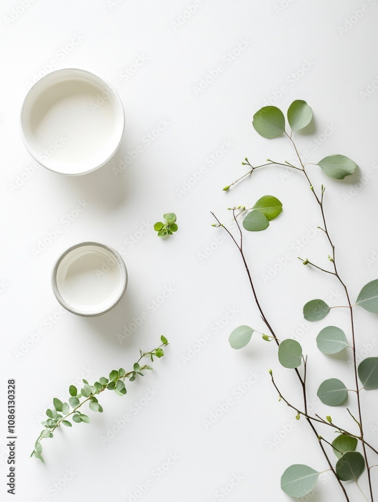 Poster a serene composition featuring green leaves and two decorative bowls filled with creamy substance on