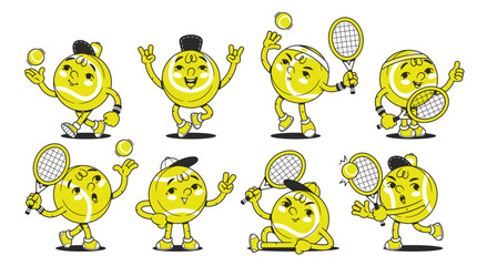 Comic tennis ball characters with anthropomorphic face demonstration different emotions and actions