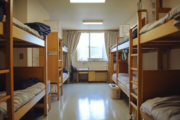 Fototapeta premium Dorm room with bunk beds. Concept of student life, hostel, and accommodation.