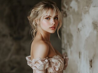 Fototapeta premium Blonde woman in a luxurious off-the-shoulder dress