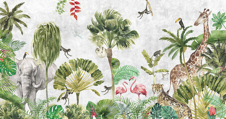 Fototapeta premium Mural wallpaper. Kid wallpapers. Wallpaper for children room with tropical animals