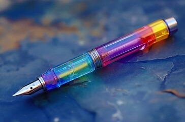 Iridescent fountain pen lying on a blue surface