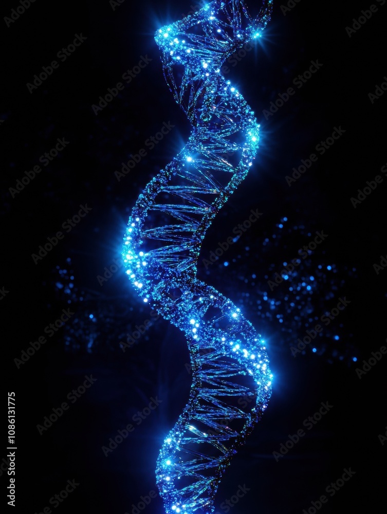 Poster The glowing blue DNA helix twists elegantly against a dark backdrop, illustrating the complexity of genetic material and life. Generative AI