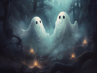Two ghosts in a dark forest during Halloween