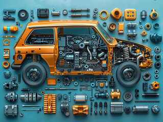 Dismantlement diagram of Car, the Car is in the middle of the picture, and Car parts are neatly placed around it, realistic, high-definition, high quality, 8k