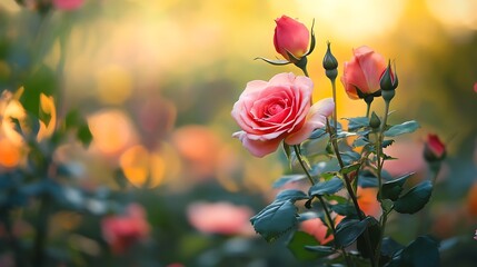 Beautiful Pink Roses in a Garden. Concept of Beauty, Nature, and Spring.