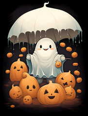 Cute and spoopy Halloween ghost with an umbrella, surrounded by pumpkins